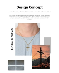 Gros plan du pendentif croix plaqué or poli sur le cou d'un mannequin masculin