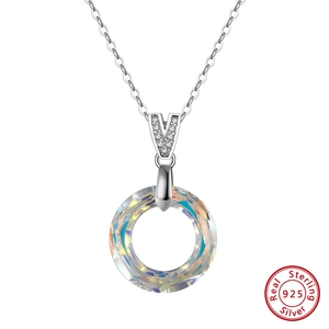 925 Sterling Silver Round Aurora Crystal Pendant Necklace For Women Elegant V-Shaped Inlaid Rhinestone Clavicle Chain Jewelry Gift