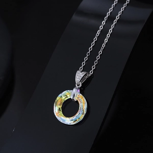 Elegant silver necklace featuring a round aurora borealis crystal pendant with V-shape bail