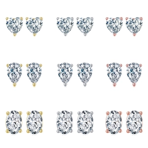 Lot de 9 paires de puces d'oreilles en argent S925 avec tailles cœur, poire et ovale en 3 tons