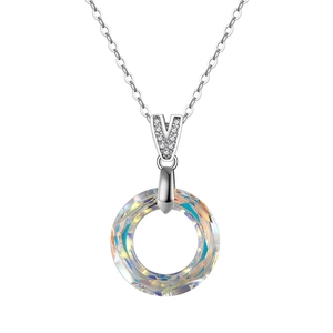Minimalist silver necklace with round aurora crystal pendant and V-shaped zircon bail
