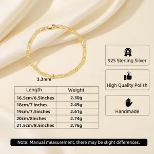 5mm gold plated S925 sterling silver Figaro chain bracelet with size chart specifications