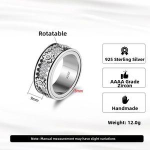 Rotating mechanical gear ring in 925 sterling silver with sparkling zircon stones