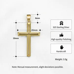 Pendentif croix en argent sterling 925 doré avec détails de taille 30mm x 20mm