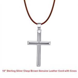 Pendentif croix en argent sterling S925 poli avec cordon en cuir marron de 18 pouces