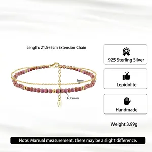 Double-layer S925 silver anklet with purple mica beads and gold plating
