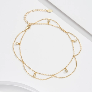 S925 sterling silver bohemian double-layered anklet with five round zircon charms