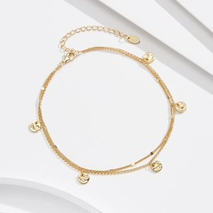 S925 Sterling Silber Gold Doppel-Fußkettchen mit gehämmerter runder Scheibe Anhänger