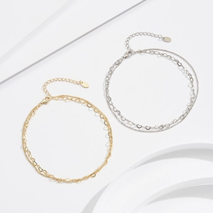 Double-layered S925 sterling silver heart anklet in gold and silver finish