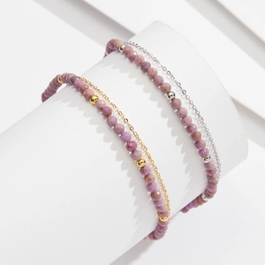 S925 silver double layer anklet with purple mica beads and gold accents on white stand