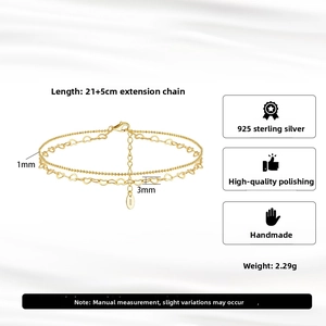 Detailed view of dual-layer S925 sterling silver heart anklet with size measurements