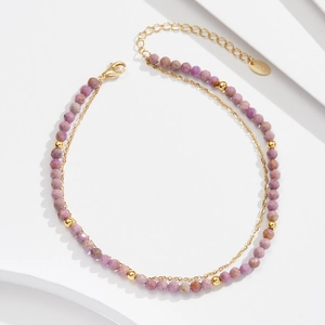 Detailed view of S925 sterling silver double-layer anklet with purple mica beads