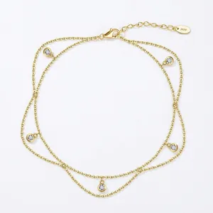 Bohemian 925 Sterling Silver Double Layer Anklet For Women Minimalist Rhinestone Dainty Foot Chain Adjustable Summer Beach Jewelry Gift