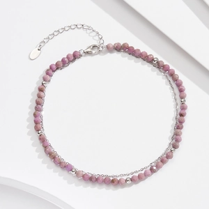 Double-layered S925 sterling silver anklet with purple lepidolite beads and shiny silver balls