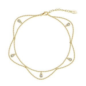 Double-layered gold S925 sterling silver anklet with five sparkling white zircon charms