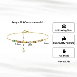 S925 sterling silver colorful beaded anklet with 21.5+5cm adjustable gold chain