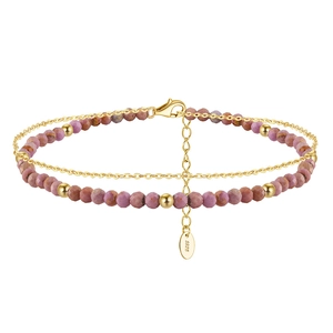 Detail of S925 sterling silver double-layer anklet with pink beads and gold beads