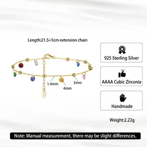 Bracelet de cheville en argent S925 doré avec pendentifs en zircone colorés en goutte