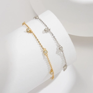 Minimalist S925 sterling silver anklet with zircon charms in gold and silver finishes