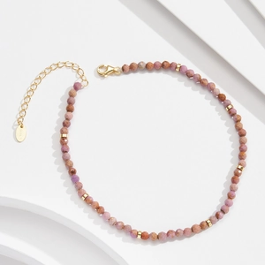 S925 sterling silver anklet featuring purple mica beads and gold-plated square accents