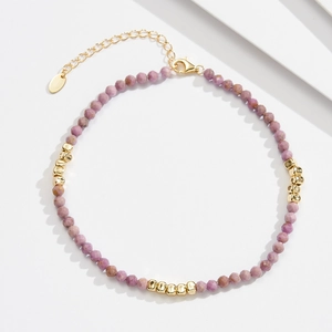 Elegant S925 sterling silver beaded anklet with purple stones and gold cubes