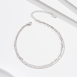 Detail of S925 sterling silver double layer chain with heart links and lobster clasp