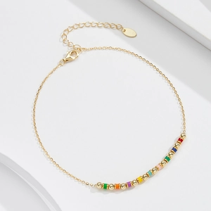 S925 sterling silver colorful bead anklet with gold chain and lobster clasp
