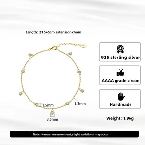 Detail of S925 sterling silver gold anklet with 3.5mm cubic zirconia pendants