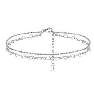 Double-layered S925 sterling silver anklet with heart charm and ball chain links