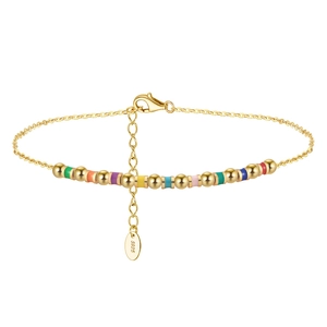 Close-up of S925 sterling silver anklet featuring multi-colored beads and lobster clasp