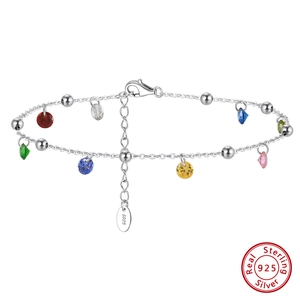 Bracelet de Cheville en Argent Sterling 925 pour Femme Zirconia Coloré Minimaliste Chaîne Réglable Bijoux de Plage Plaqué Or Argent