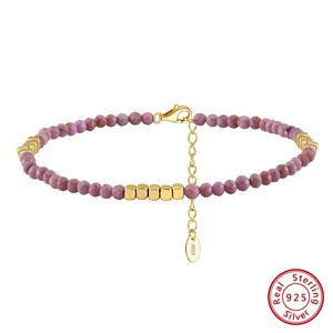 925 Sterling Silver Purple Phosphosiderite Beaded Anklet For Women 14K Gold Plated Square Charm Summer Beach Foot Jewelry