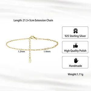 Minimalist S925 sterling silver paperclip anklet in gold finish with extension chain