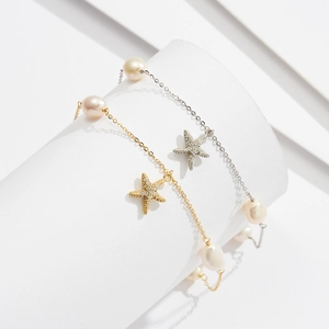 S925 sterling silver beach anklet with freshwater pearls and starfish charms