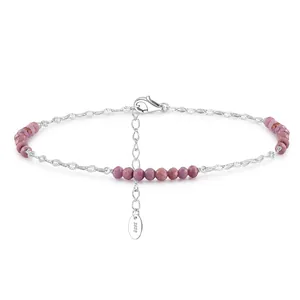 Detail of S925 sterling silver anklet with pink faceted beads and adjustable lobster clasp