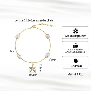 S925 Sterling Silver Anklet with Natural Pearls and Starfish Zircon Pendant