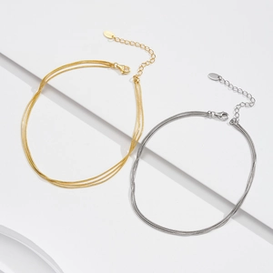 Three-layer S925 sterling silver snake bone anklets in gold and silver finishes