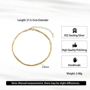 Three-layer 925 sterling silver triple snake chain anklet with adjustable length in gold