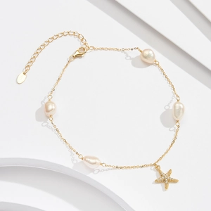 Elegant S925 sterling silver beach anklet featuring freshwater pearls and starfish charm