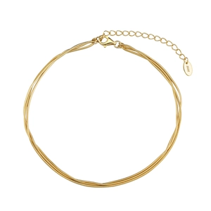 Detailed view of triple-layered gold S925 sterling silver snake chain anklet with lobster clasp