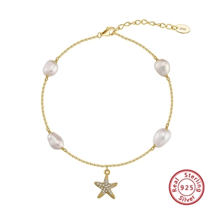 925 Sterling Silver Sea Star Anklet With Freshwater Pearl Rhinestone Starfish Foot Chain Beach Jewelry For Women