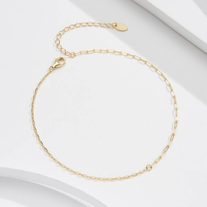 Detail of gold S925 silver paperclip chain anklet with lobster clasp and adjustable link