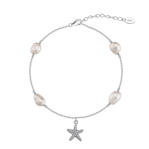 Macro view of S925 sterling silver anklet with freshwater pearls and starfish charm