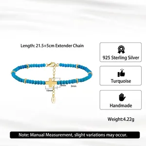 S925 sterling silver turquoise beaded anklet with golden cross charm for women