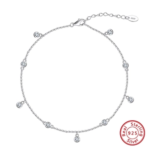S925 sterling silver anklet with eight clear round zirconias and adjustable lobster clasp