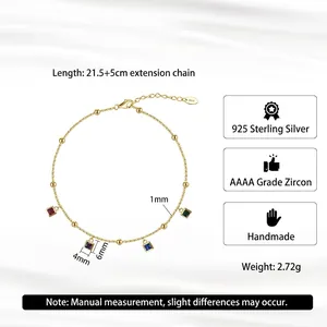 S925 sterling silver gold-plated anklet with colorful square zircons and 5cm extension chain