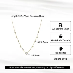 Elegant gold S925 sterling silver necklace with square AAAA zircon pendant and round stones