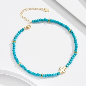 S925 sterling silver turquoise beaded anklet with golden cross pendant and clasp