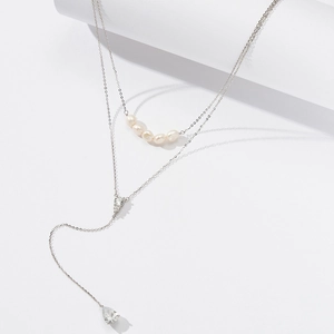 Double-layered S925 silver necklace set featuring pearls and Y-shaped rhinestone pendants