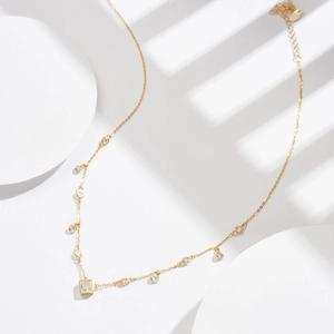Gold-tone S925 sterling silver necklace with square cubic zirconia and round stones
